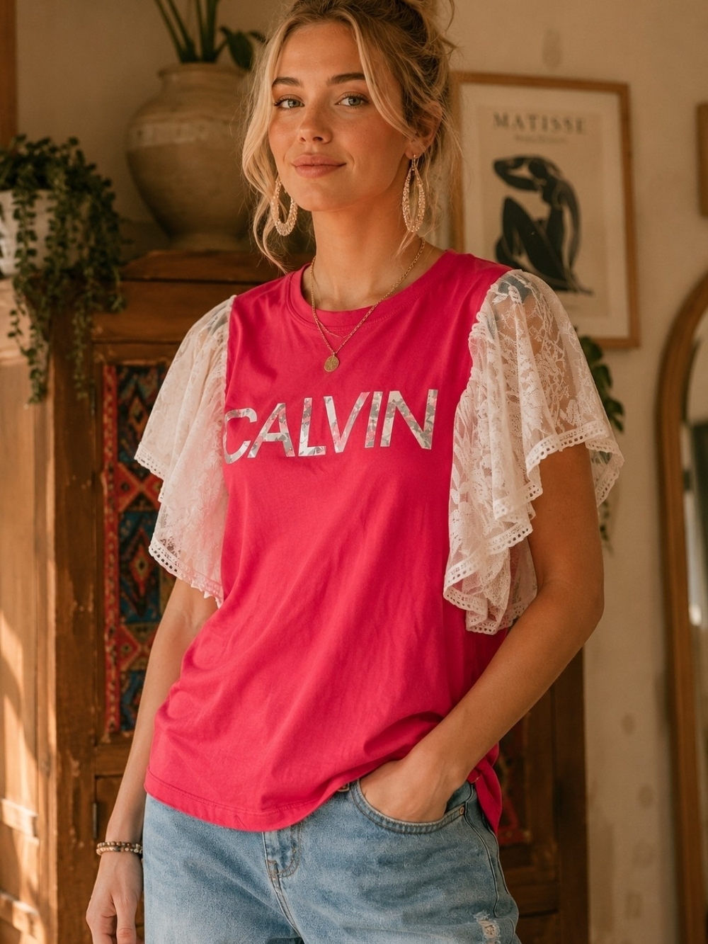 4/$15 Hot Pink Lace Sleeve Women’s Tee Calvin Klein  Crafted Upcycle Shirt Sz XS